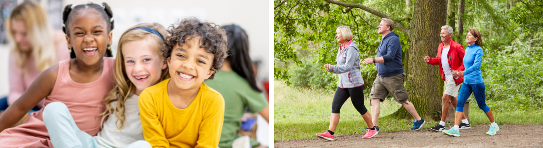 side by side - left group of children happy and smiling and right, group of seinors walking in the woods